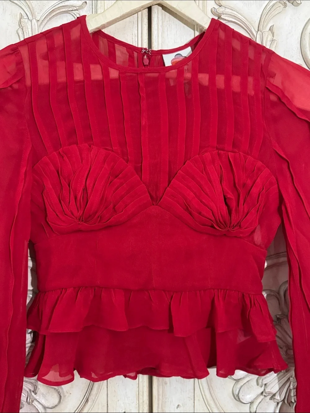 FARM Rio Red Ruffled Sheer Long-Sleeve Peplum Blouse Size Small
